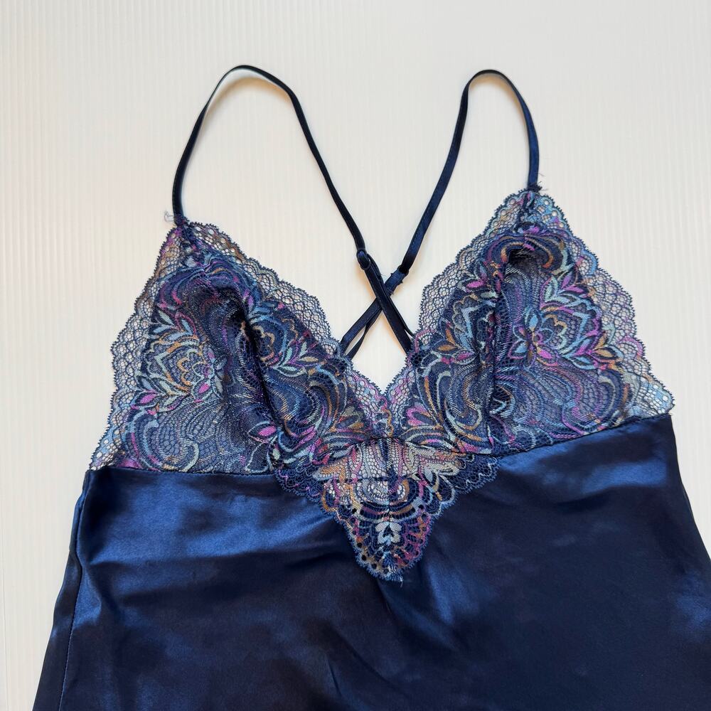 Y2K Satin Lace Babydoll Camisole Navy Lingerie Style Coquette Going Out Top Vtg - Picture 15 of 16